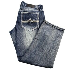 True Luck Men's Dark Wash Straight Leg Jeans White Stitching Accents Size 36x29